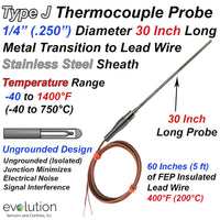 30 Inch Long Type J Thermocouple Probe with Transition to Lead Wire