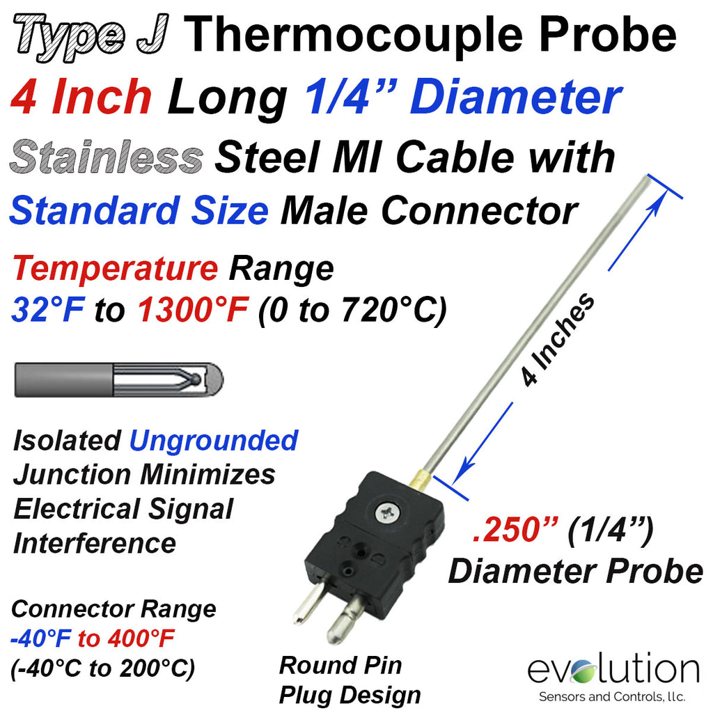 Type J Thermocouple Probe with a Standard Size Round Pin Connector - 1/4" Diameter 8, 6 or 4 Inch Long Stainless Steel Sheath Ungrounded Design