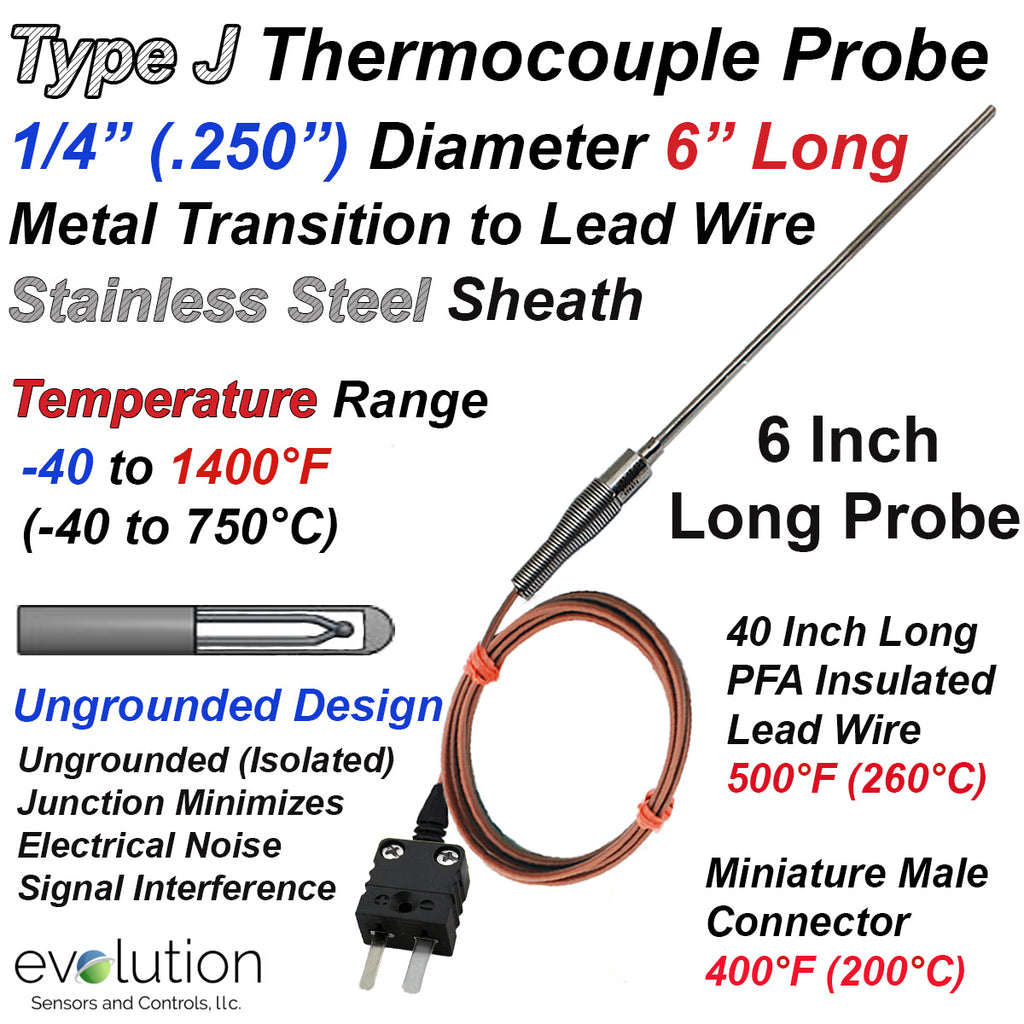 Type J Thermocouple Probe 6 Inches Long with Transition to Lead Wire
