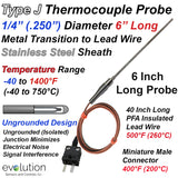 Type J Thermocouple Probe 6 Inches Long with Transition to Lead Wire