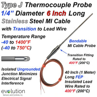 Type J Thermocouple Probe with Lead Wire 1/4