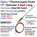 Type J Thermocouple Probe with Lead Wire 1/4" Inch Diameter 6 Inches Long