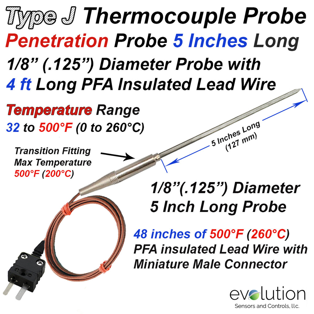 Type J Thermocouple Penetration Probe with Transition to Lead Wire