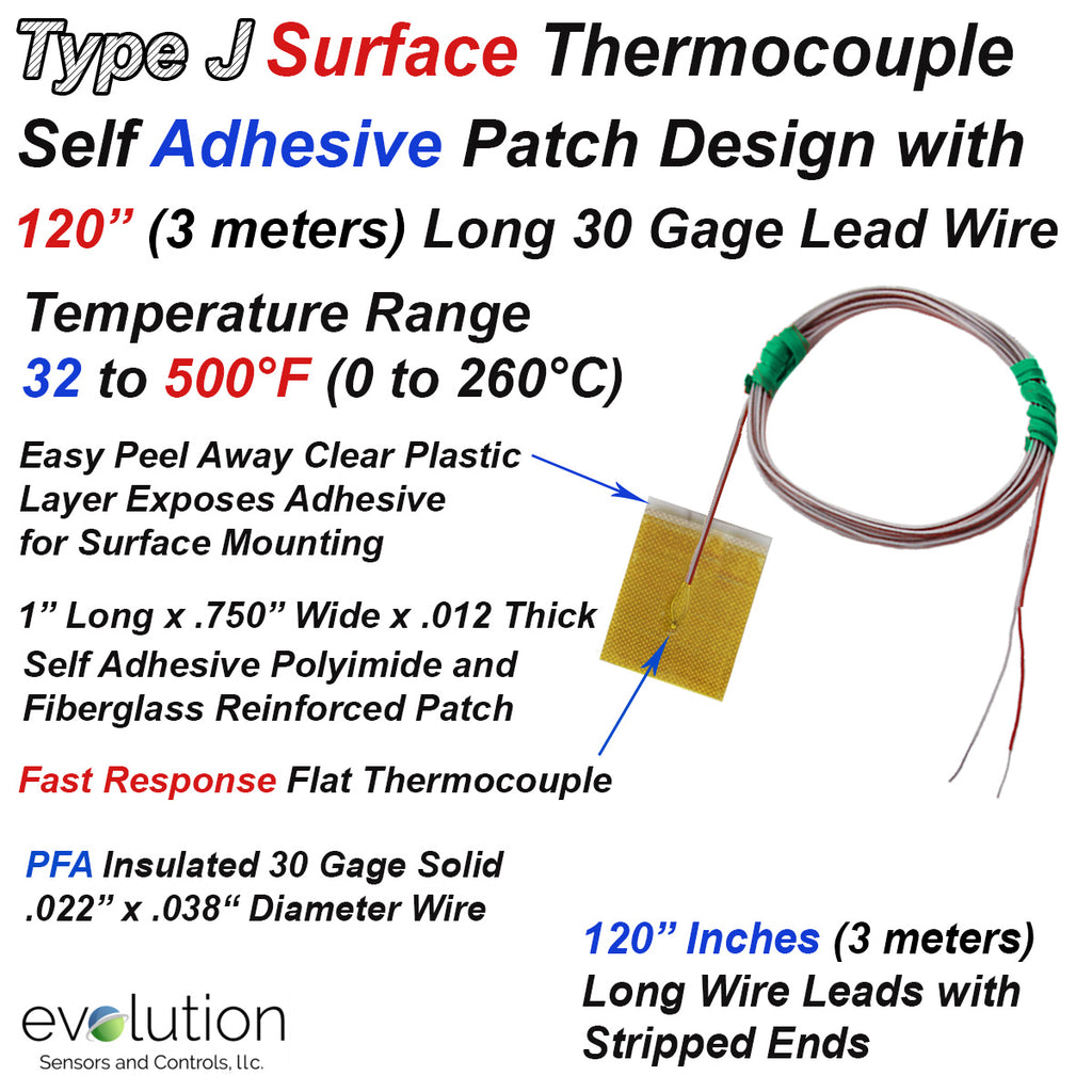 Surface Thermocouple Type J with Surface Mount Adhesive Patch and 120 inches of 30 Gage PFA Insulated Wire with Stripped Leads