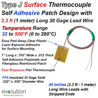 J Type Surface Thermocouple with Adhesive Patch and 3ft of Lead Wire