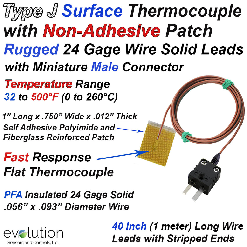 Type J Surface Thermocouple with Non Adhesive Patch with Rugged 24 Gage Diameter Wire Leads 40 Inches Long and Miniature Connector