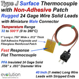 Type J Surface Thermocouple with Non Adhesive Patch with Rugged 24 Gage Diameter Wire Leads 40 Inches Long and Miniature Connector