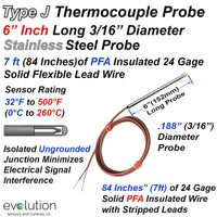 Type J Thermocouple Probe 6 Inches Long 3/16 Diameter with 7ft Leads