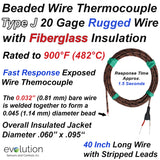 Glass Braid Insulated Thermocouple Type J 20 Gage with Stripped Leads