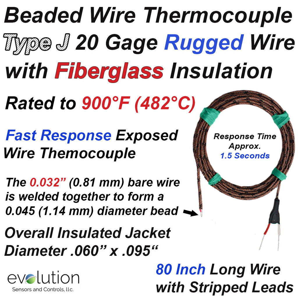 Glass Braid Insulated Thermocouple Type J 20 Gage 80" with Stripped Leads