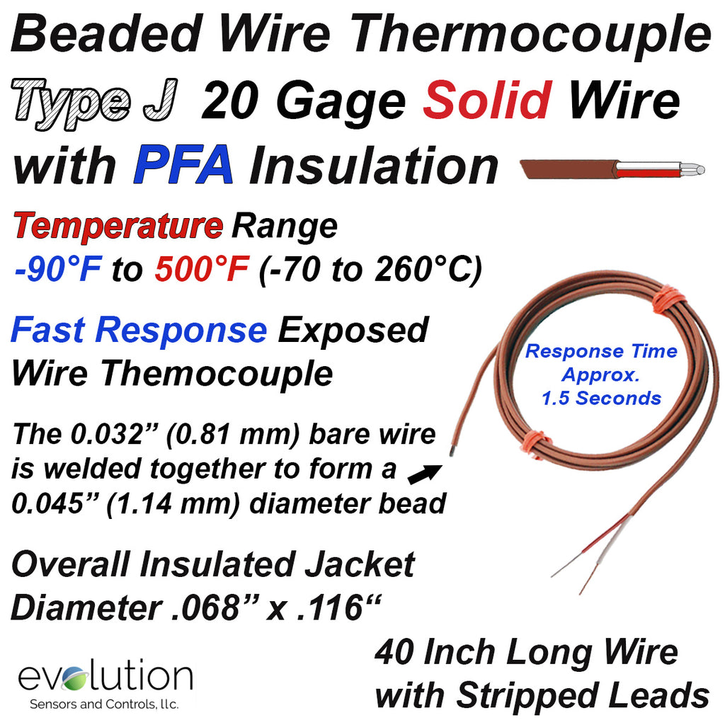 Thermocouple Beaded Wire Sensor Type J 20 Gage PFA Insulated 40 inches long with Stripped Leads