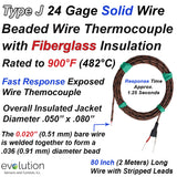 Type J thermocouple with 24 gage glass braid leads 80 inches long