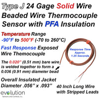 Thermocouple Beaded Wire Sensor Type J 24 Gage PFA Insulated 40 inches long with Stripped Leads