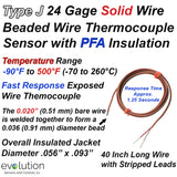Thermocouple Beaded Wire Sensor Type J 24 Gage PFA Insulated 40 inches long with Stripped Leads