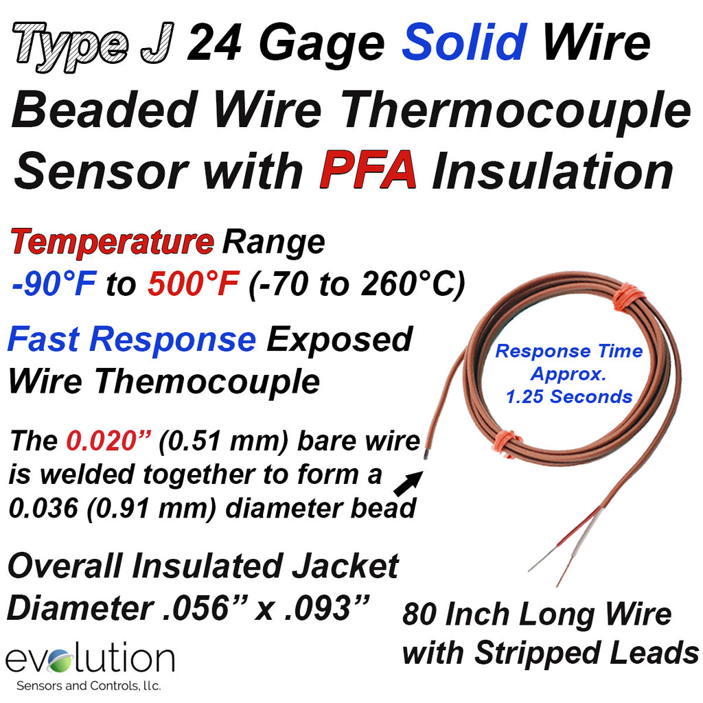 Thermocouple Beaded Wire Sensor Type J 24 Gage PFA Insulated 80 inches long with Stripped Leads