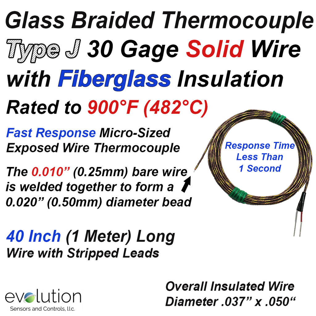Thermocouple Beaded Wire Sensor Type J 30 Gage Fiberglass Insulated 40 inches long with Stripped Leads