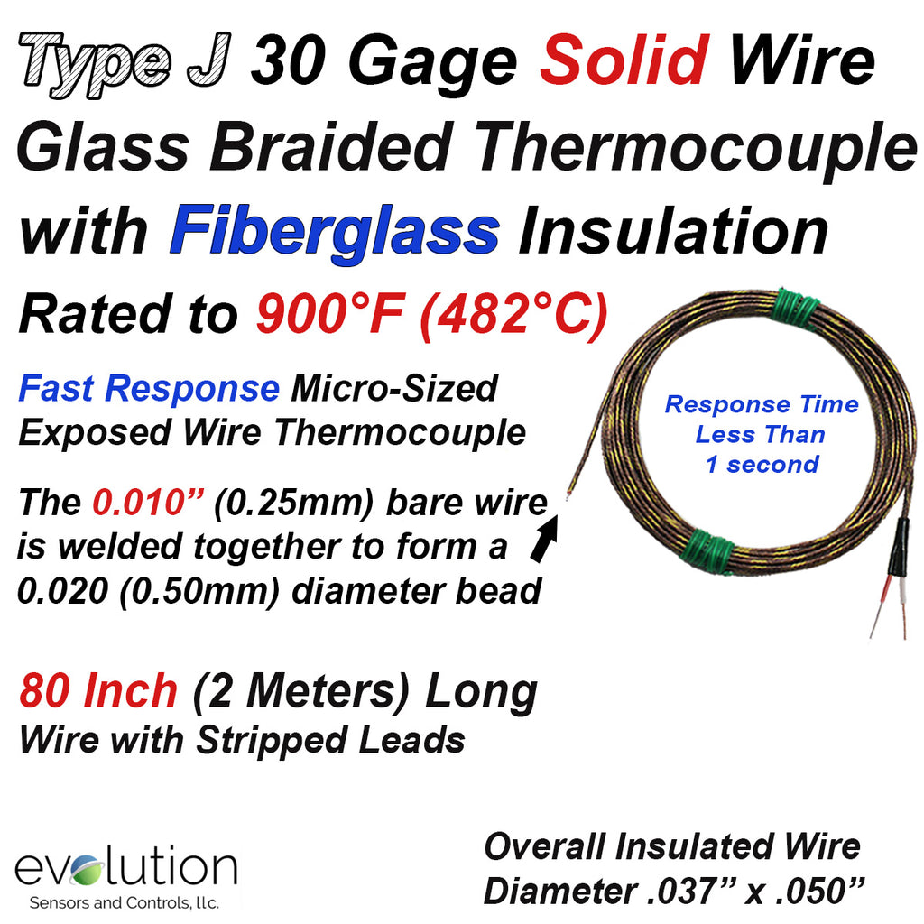 Thermocouple Beaded Wire Sensor Type J 30 Gage Fiberglass Insulated 80 inches long with Stripped Leads