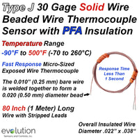 Thermocouple Beaded Wire Sensor Type J 30 Gage PFA Insulated 80 inches long with Stripped Leads