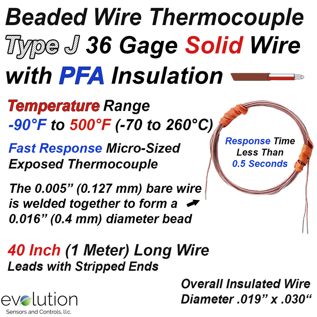 Thermocouple Beaded Wire Sensor Type J 36 Gage PFA Insulated 40 inches long with Stripped Leads