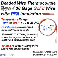 Thermocouple Beaded Wire Sensor Type J 36 Gage PFA Insulated 40 inches long with Stripped Leads