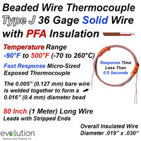 Thermocouple Beaded Wire Sensor Type J 36 Gage PFA Insulated 80 inches long with Stripped Leads