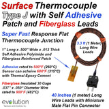Surface Thermocouple Type J Fast Response with Surface Mount Adhesive Patch and 40 inches of 30 Gage Fiberglass Insulated Wire with Miniature Connector