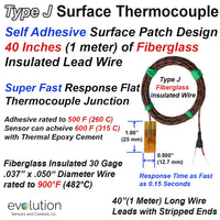Surface Thermocouple Type J Fast Response with Surface Mount Adhesive Patch and 40 inches of 30 Gage Fiberglass Insulated Wire with Stripped Leads
