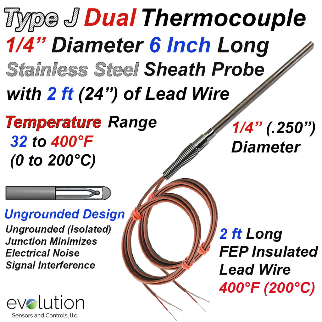 Type J Dual Thermocouple Probe 1/4" Diameter and 2ft of Lead Wire 