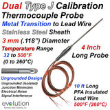 Dual Type J Thermocouple Probe 3 mm Diameter and 10ft of Lead Wire