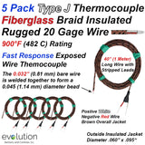 Type J Glass Braid Insulated Thermocouple 20 Gage Wire Lead 5 Pack