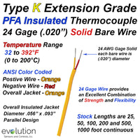 Type K Extension Grade PFA Insulated Thermocouple Wire 24 Gage Solid