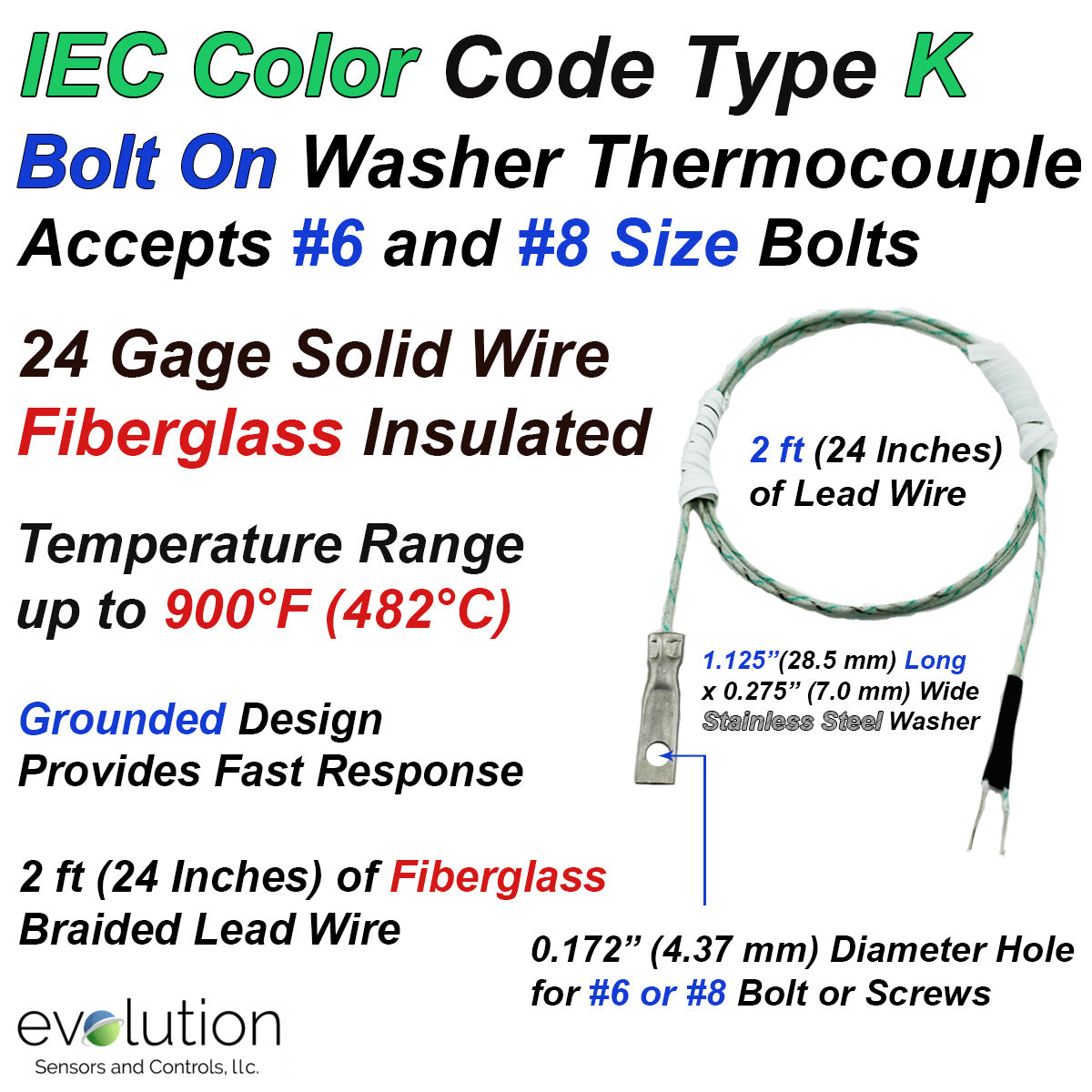 Type K Washer Thermocouple IEC Color Code Fiberglass Wire Leads ...