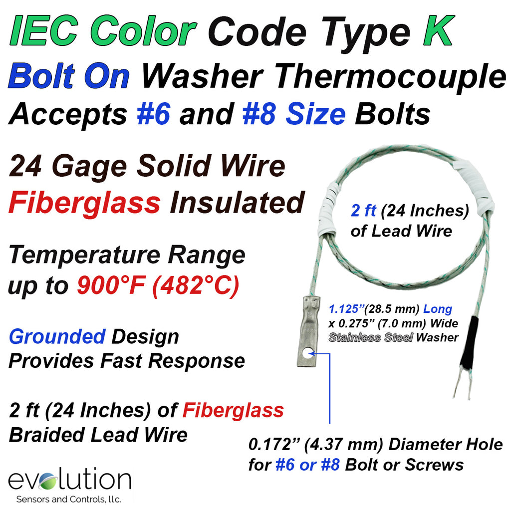 Type K Washer Thermocouple Grounded Junction for #6 or # 8 Bolts and Screws with 2 ft of IEC Color Code Fiberglass Insulated Wire Leads
