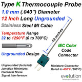 1 mm Diameter Type K Thermocouple Probe with IEC Green Connector 