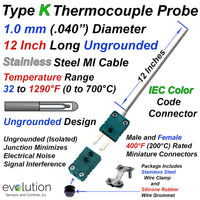 1 mm Diameter Type K Thermocouple Probe with IEC Color Code Connector 