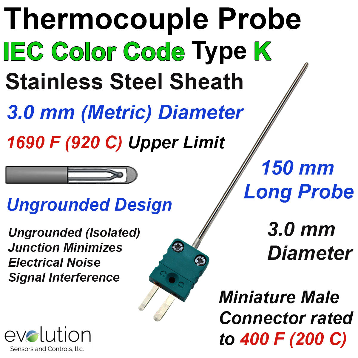 3 mm Diameter Type K Thermocouple Probe IEC Color Code Connector