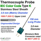 Type K Thermocouple Probe IEC Color 3 mm Diameter 