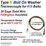Washer Thermocouple Type K Fiberglass Wire Leads for #10 Bolts