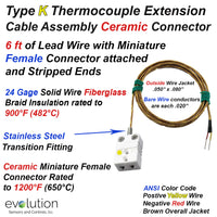 Type K Fiberglass Braid Extension Cable with Mini Ceramic Connector 