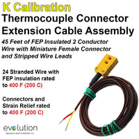 Thermocouple Connector Extension Cable - 45 ft. Long Cable with mini female and stripped wire leads
