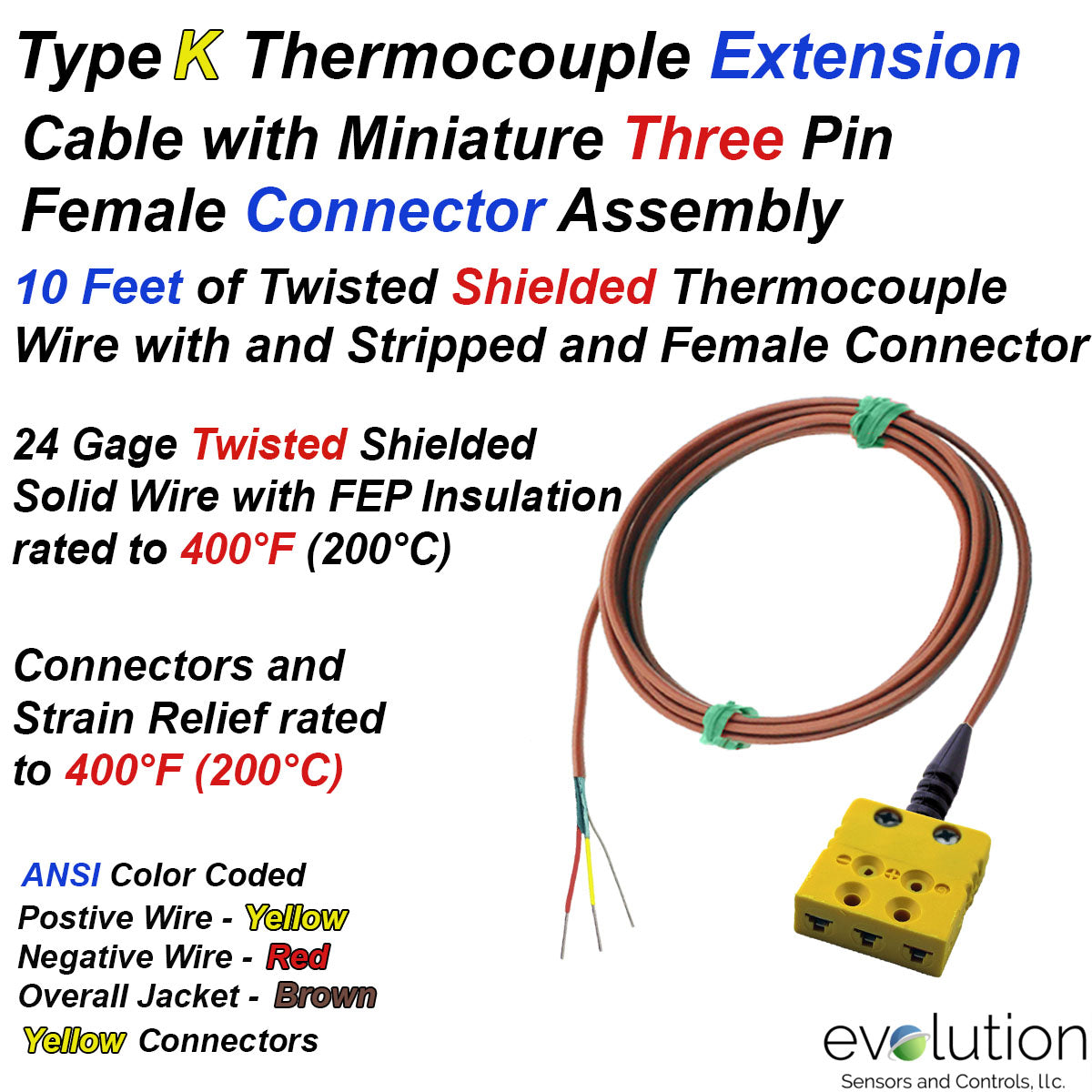Type K Three Pin Thermocouple Extension with 10ft Twisted Shielded Wire ...