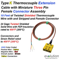 Type K Three Pin Thermocouple Extension Cable with 10ft of Twisted Shielded Wire