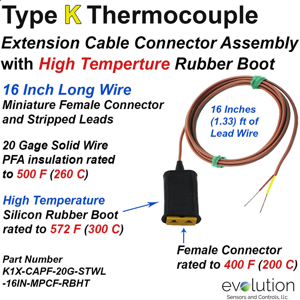 Type K Thermocouple Extension Cable Rubber Boot and Miniature Connector