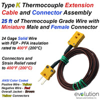 Type K Thermocouple Extension Cable -25 to 50ft Long PFA Insulated Wire with Miniature Male and Female Connector
