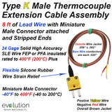 Type K Thermocouple Extension Cable 8ft Long with Miniature Male Connector