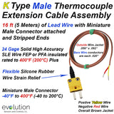 Type K Thermocouple Extension Cable 16ft Long with Miniature Male Connector