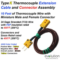 Thermocouple Extension Cable Type K PFA wire with miniature connectors