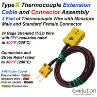 Type K Thermocouple Extension Cable 3 ft Long with Miniature Male and Standard Female Connector Termination