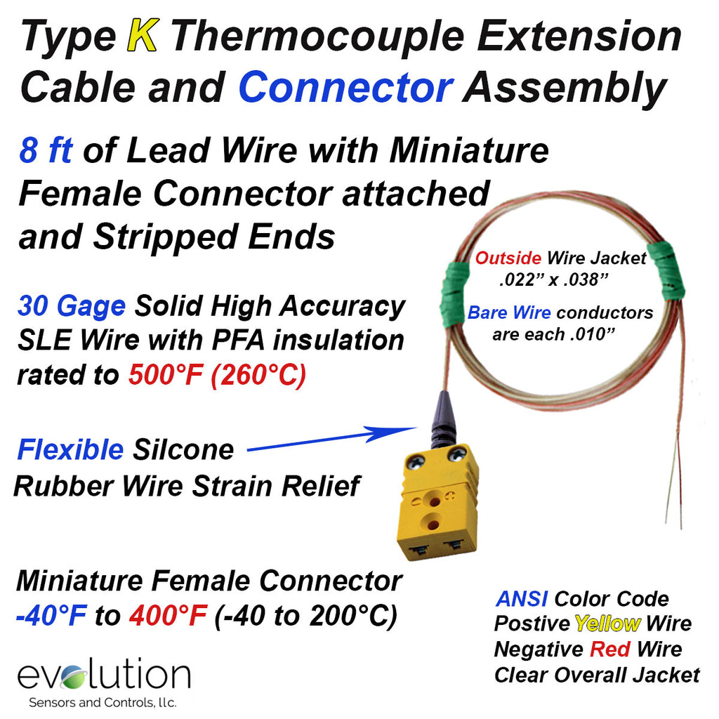 Type K Fine Diameter Thermocouple Extension Cable with 8ft PFA Leads