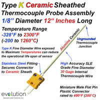 Type K Ceramic Sheath Thermocouple Probe 12 Inches Long 1/8